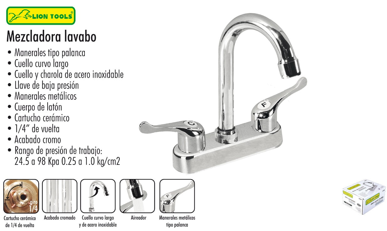 MEZCLADORA PARA LAVABO CUELLO CURVO